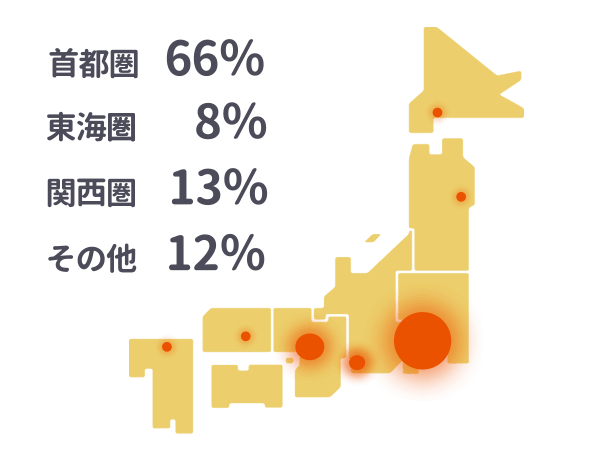 首都圏66％ 東海圏8% 関西圏13% その他12%